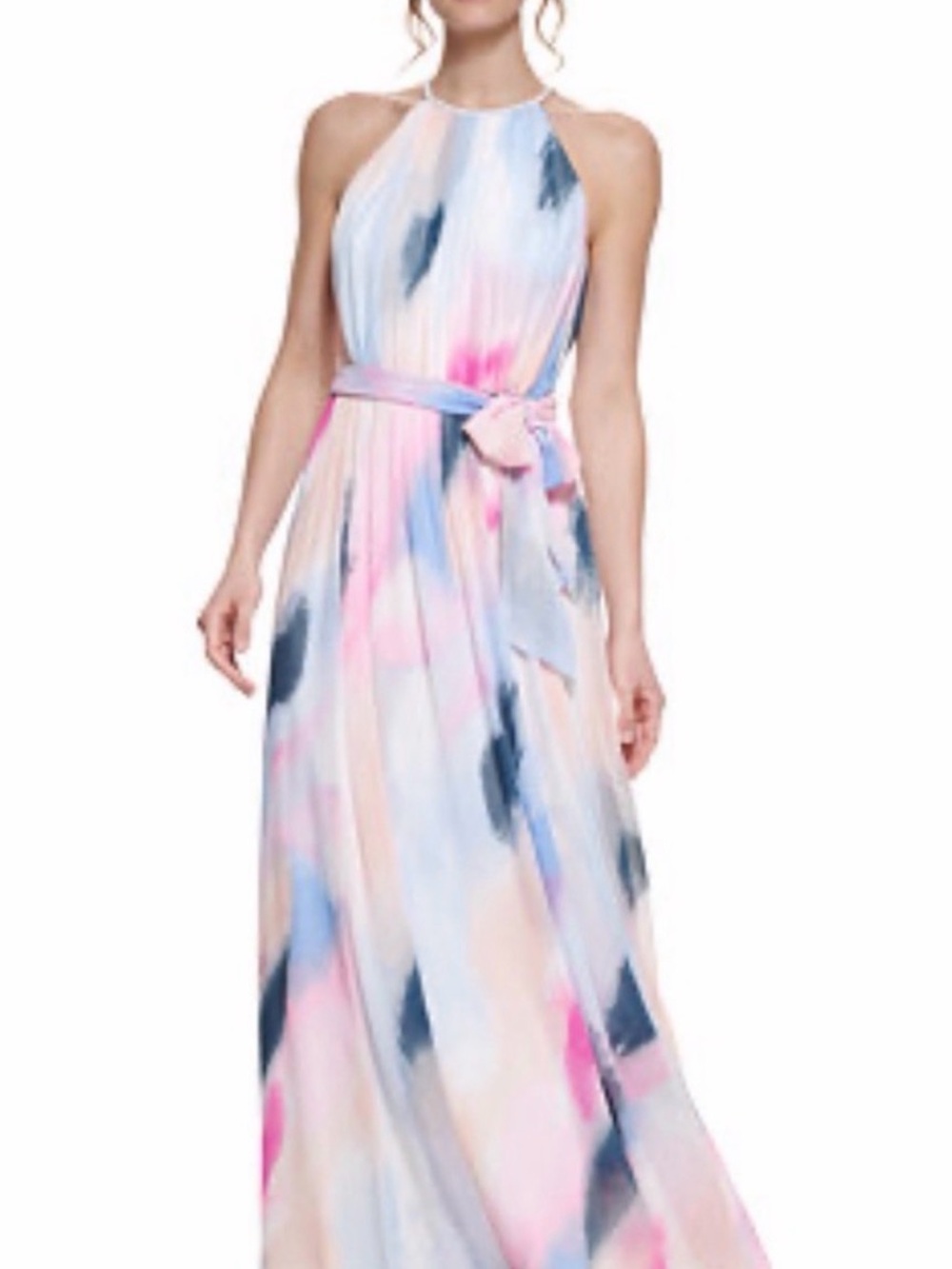 DKNY Halter Maxi Dress in Pastel Pink, Blue and Navy Watercolor